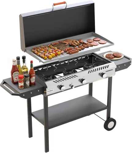 Veralune - Estufa de propano de 3 quemadores con encendido automático | 225,000 BTU Gas Griddle with Storage Shelf, Rolling Wheels, Portable Outdoor