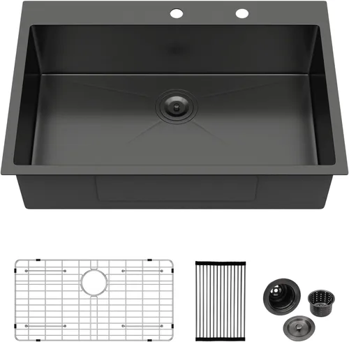 Miniatura 15 de Logmey Fregadero de cocina negro 33x22 empotrable, estación de trabajo de fregadero de cocina, SUS304 calibre 16 acero inoxidable, tazón individual