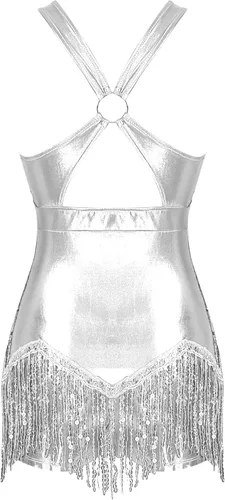 Miniatura 4 de iiniim Leotardo de jazz con lentejuelas para mujer, con flecos, borla para baile latino, ropa de baile