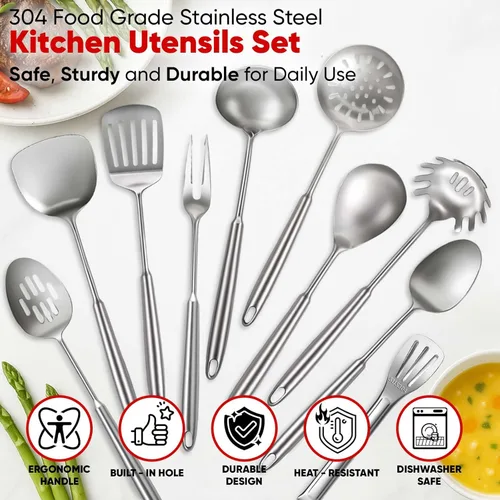 Miniatura 3 de Newness 10 piezas de juego de utensilios de cocina, juego de utensilios de cocina de acero inoxidable 304, accesorios de cocina de metal, incluye