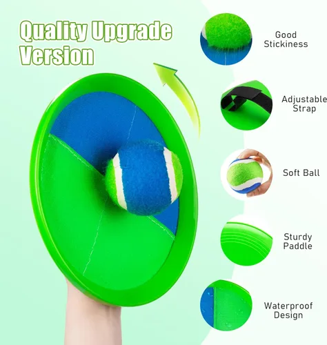 Miniatura 4 de Juego de pelota para lanzar y atrapar, 4 paletas y 4 bolas al aire libre, juego de captura de remo para niños, patio trasero, playa, piscina, patio