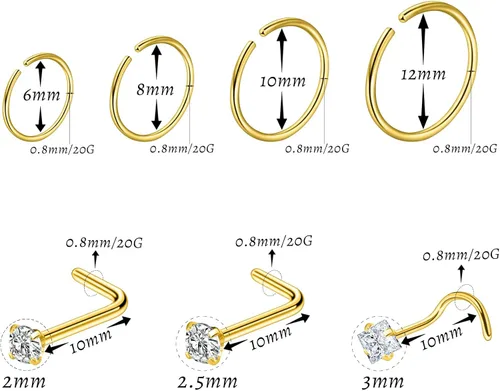 21 piezas de anillos de nariz de aro de acero quirúrgico para mujer, 20G, joyería de perforación de la nariz, plata, oro, negro, perforaciones de la