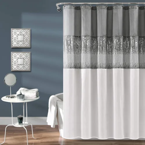 Lush Decor Cortina de ducha Night Sky, individual, 72" W x 72" L, gris y blanco, cortina de ducha de lentejuelas, cortina de baño de bloque de color
