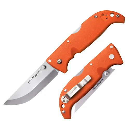Cold Steel Finn Wolf - Cuchillo plegable de caza con mango naranja AUS8A de 3.5 pulgadas, afilado, 4.375 pulgadas, Griv-Ex Blaze mango naranja, en