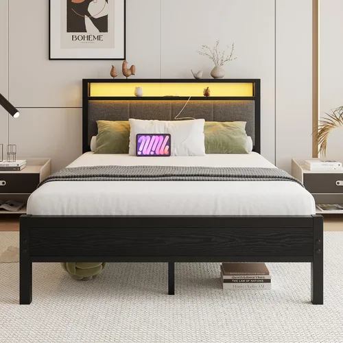 Miniatura 3 de Base de cama de tamaño matrimonial con luces LED, cabecera tapizada con estantes de almacenamiento y estación de carga, base de colchón LED