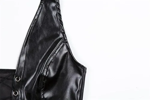 Miniatura 5 de DOUCIU Top corto sin mangas de piel sintética con cordones para mujer