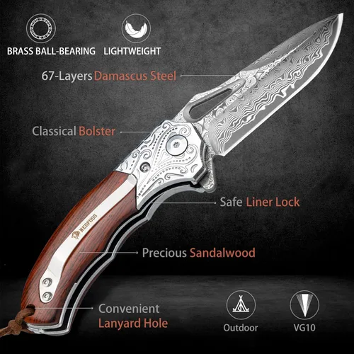 Miniatura 2 de Cuchillo de bolsillo de damasco NedFoss para hombres, cuchillo plegable de damasco de acero VG10 forjado a mano de 2.75" con funda de cuero retro