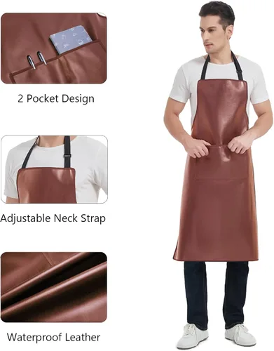 Miniatura 2 de Delantal impermeable, delantal de trabajo resistente, delantal de cuero artificial, ideal para chef, carnicero, peluquero, limpieza Marrón