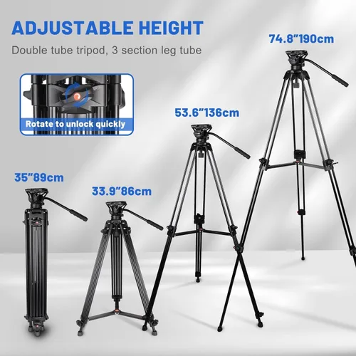 Miniatura 3 de COMAN - Trípode de video, trípode profesional resistente de 74 pulgadas con placa de liberación rápida y cabezal de fluido de 360°, soporte