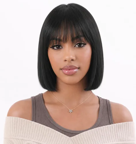 Miniatura 25 de Peluca de cabello humano lacio rubio 613 de 15 pulgadas con flequillo, sin pegamento, sin encaje frontal, Yaki Bob para mujer