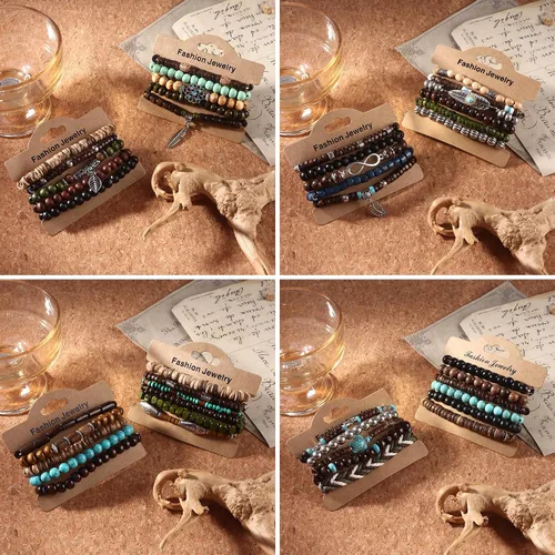 Miniatura 5 de Paquete de 43 piezas de pulseras de cuentas de madera para hombres, pulseras a granel, pulseras punk vintage ajustables góticas, set de pulseras