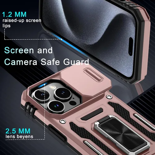 Miniatura 13 de DEERLAMN Funda para iPhone Xs Max con funda deslizante para cámara + protector de pantalla, soporte giratorio de anillo de grado militar a prueba
