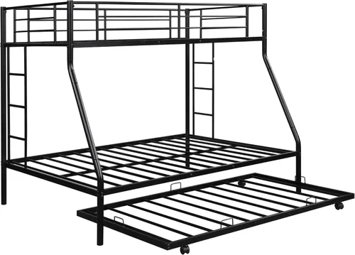 Miniatura 4 de KLMM Literas de metal de tamaño individual sobre matrimonial con 2 escaleras y cama nido para niños, adolescentes y adultos, (negro)