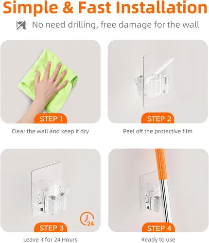Miniatura 6 de Batur Soporte de pared para escoba, paquete de 4 soportes adhesivos para trapeador y escoba, soporte de pared, súper antideslizante, organizador