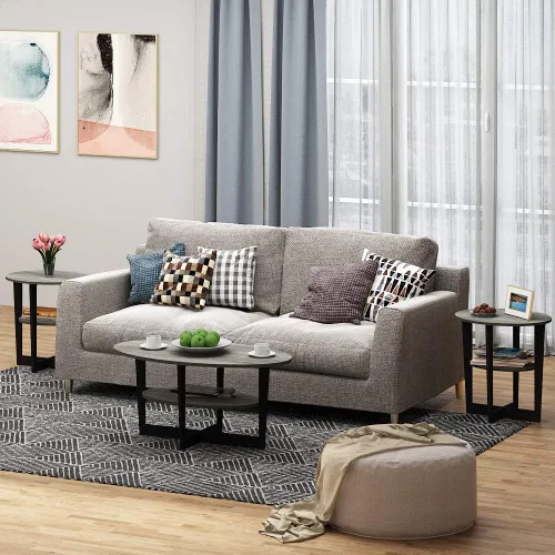 Miniatura 2 de Furinno JAYA - Juego de 2 mesas auxiliares redondas de 2 niveles con mesa ovalada, mesita de noche, mesita de noche con estante abierto, para sala