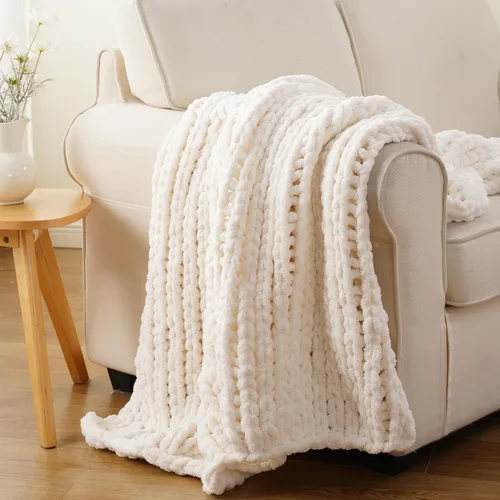 Miniatura 11 de Battilo - Manta de punto grueso de cachemira beige y crema, manta suave y gruesa de chenilla, manta de crochet de punto trenzado hecha a mano