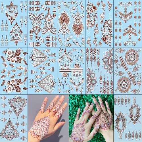 Xmasir 12 hojas de pegatinas de tatuaje de henna de dos colores, juegos de plantillas de tatuaje temporal impermeables, kit de plantillas de tatuaje