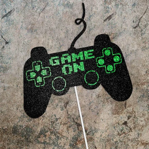 Miniatura 4 de Game On Big Cake Topper – Controlador de videojuegos dorado negro y verde para decoración de pasteles para niños y niños, suministros de fiesta