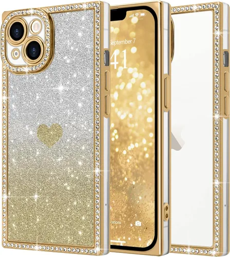 Miniatura 27 de Funda para iPhone 13, funda de diamantes de imitación de lujo con patrón de corazón de amor de cristal [papel con purpurina extraíble], parachoques