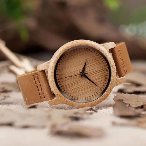 Miniatura 14 de BOBO BIRD Reloj de madera de bambú para hombre y mujer con correa de cuero de vaca marrón, relojes casuales de cuarzo analógico