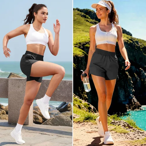 Miniatura 5 de Pantalones cortos deportivos para correr de 5 pulgadas para mujer, cintura alta, de secado rápido, ligeros, con bolsillo con cremallera, UPF 50+