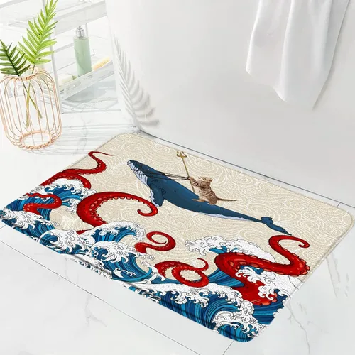 Miniatura 4 de Tapete de baño de tentáculos de pulpo, océano rojo, kraken, animales náuticos, tentáculos de pulpo, grandes olas japonesas, divertido, gato