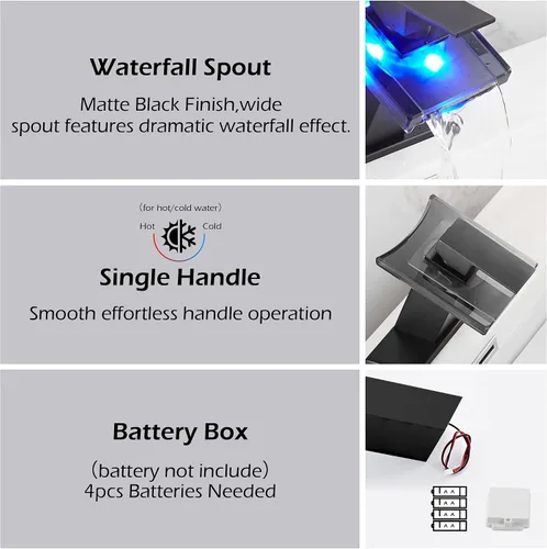 Miniatura 4 de Grifo negro para baño, caño de vidrio LED con cascada con tapón de drenaje de desbordamiento, mango único, montaje en cubierta de un agujero, diseño