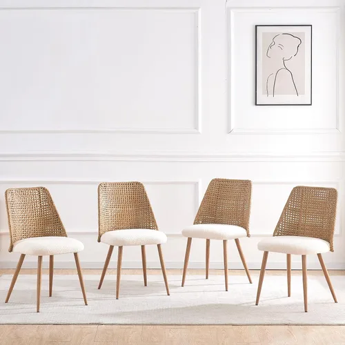 Juego de 4 sillas de comedor de ratán, sillas de comedor de mimbre, sillas de comedor con respaldo de ratán de polietileno tejido y asiento de tela