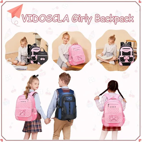 Miniatura 6 de Juego de 2 mochilas escolares con lazos para niñas y estudiantes, diseño de princesa para escuela primaria, 2pcs Negro-s, 2Pcs BagSet S