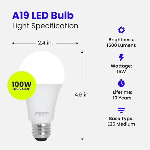 Miniatura 2 de Feit Electric Bombillas LED A19, equivalente a 100 W, no regulables, 1500 lúmenes, base estándar E26, blanco suave de 2700 K, 80 CRI, vida útil