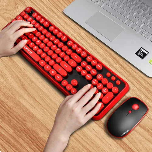 Miniatura 6 de FOPETT V2020 Combo de teclado y mouse inalámbricos, bonito teclado inalámbrico con llave roja redonda estilo retro, conectividad CapSecure de 2.4