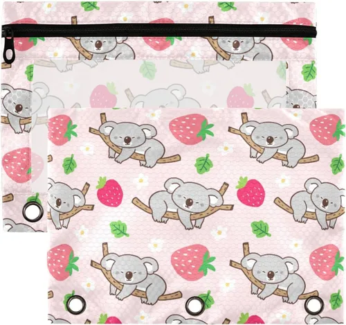 Estuche para lápices para carpetas de 3 anillos con cremallera, se adapta a carpetas estándar, estuche de lápices de koala de fresa para oficina y