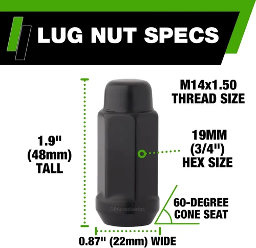 Miniatura 2 de DPAccessories Tuercas de llanta negras M14x1.50 para ruedas aftermarket - Extremo cerrado XL bellota abultada - 48mm (1.9") de altura - 19mm (3/4")