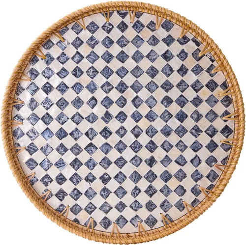 Miniatura 9 de Kmelep Bandeja redonda de ratán con incrustaciones de madreperla, bandeja de ratán con base de madera, cesta decorativa de mimbre para decoración