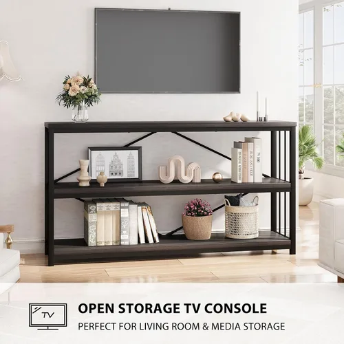 Miniatura 9 de LVB Mesa consola industrial, mesa de sofá de metal y madera, mesa de entrada rústica con almacenamiento, moderno estante de 3 niveles mesa larga