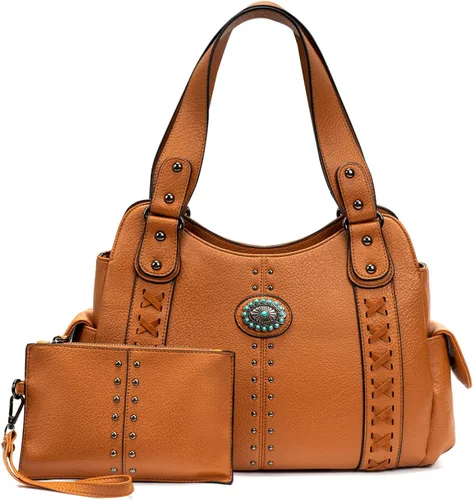 Bolso de mano para mujer grande, bolso western, damas con asa superior, bolsos de hombro vintage con conchas grabadas y tachuelas