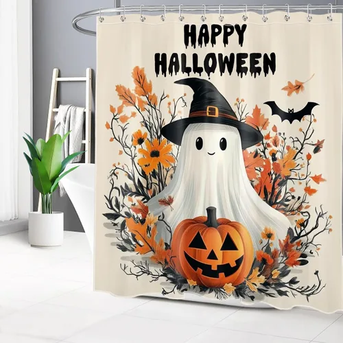 Miniatura 13 de HVEST Cortina de ducha con ganchos, calabaza espeluznante y fantasma con sombrero de bruja negro, juego de cortina de ducha naranja con flores