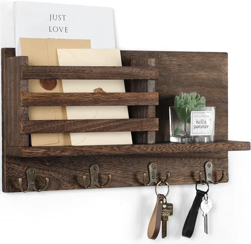 Lwenki Soporte para llaves y correo para pared, madera rústica de Paulownia natural, 4 ganchos dobles, organizador montado en la pared para