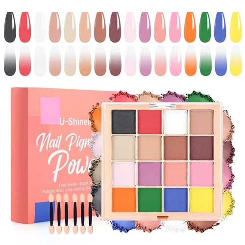 Miniatura 10 de Set de paleta de polvo de pigmento para uñas, 16 colores Ombre con 100 piezas de esponjas y pinzas, uñas francesas Aura Ombre, pincel de uñas