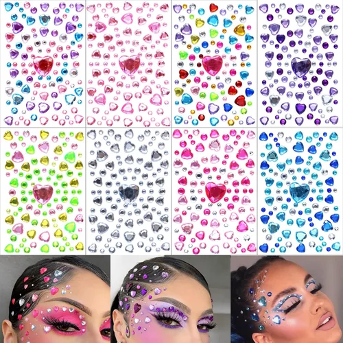 Miniatura 14 de 6 hojas de joyas para la cara, gemas para la cara, diamantes de imitación autoadhesivos para maquillaje, accesorios para disfraces de festivales
