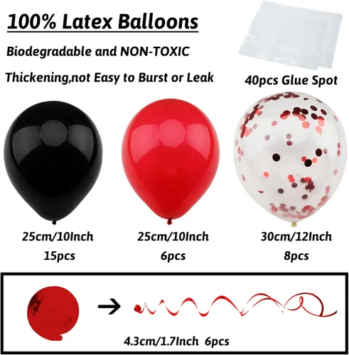 Miniatura 5 de ZERODECO Decoraciones de cumpleaños, decoraciones de fiesta en negro y rojo con pancarta de feliz cumpleaños, pompones, globos para niños, niñas