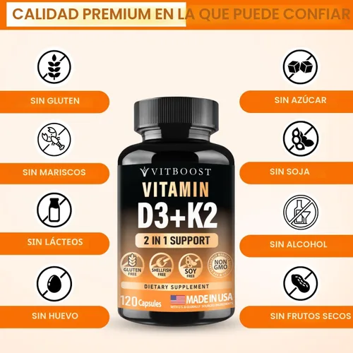 Miniatura 3 de VITBOOST Complejo de vitamina D3 K2 – Fácil de tragar – Vitamina D (D3) 5000 UI (125 mcg) y K2 (MK-7) 90 mcg Sin OGM Sin gluten Fabricado