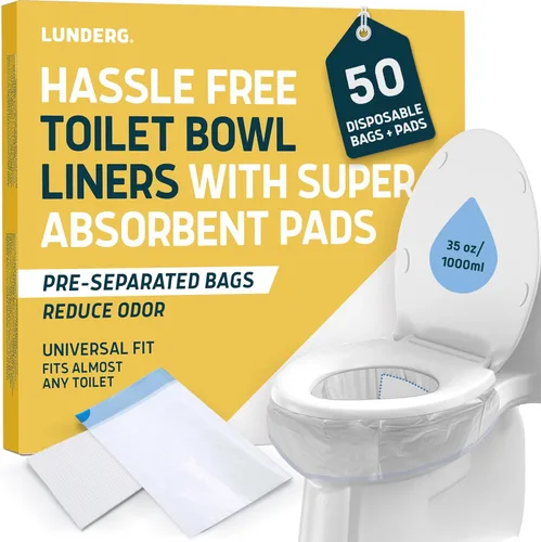 Miniatura 9 de Lunderg Bolsas de inodoro con almohadillas superabsorbentes, paquete económico de 50 unidades, ajuste universal, bolsas de inodoro desechables