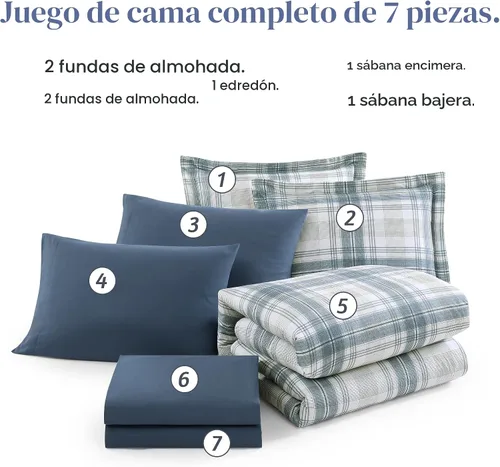 Miniatura 7 de AMBERSPACE Juego de edredón tamaño matrimonial, juego de ropa de cama a cuadros azul gris de 7 piezas para niños, niñas y adolescentes, juego