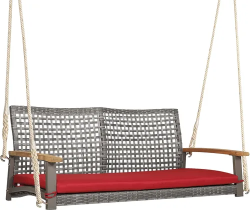 Miniatura 9 de Happygrill Silla de columpio para patio para 2 personas, banco oscilante de ratán al aire libre con reposabrazos de madera de acacia y dos cuerdas