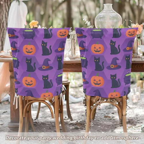 Miniatura 5 de Seat Covers for Dining Room Chairs for Family Gatherings (Scenario) Set of 2 Washable Dining Chair Cover Halloween Pattern Black Cats Pumpkin Purple
