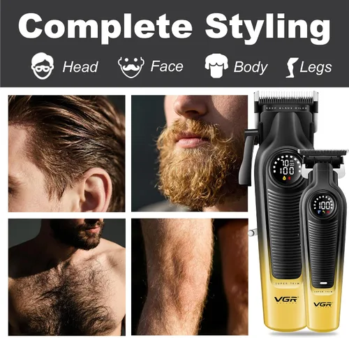 Miniatura 8 de VGR Juego de cortapelos para hombres y recortadora de cabello, combo de peluquero inalámbrico con pantalla LED, cuchillas de cerámica y titanio