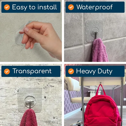 Miniatura 6 de GLUIT Ganchos adhesivos de pared para colgar, ganchos resistentes de 22 libras para paredes, sin daños, gancho transparente adhesivo para toallas