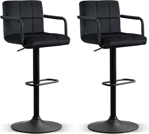 Furniliving Taburetes de bar ajustables con respaldo, juego de 2 taburetes de bar negros, taburetes de bar de terciopelo con giro de 360°, taburetes