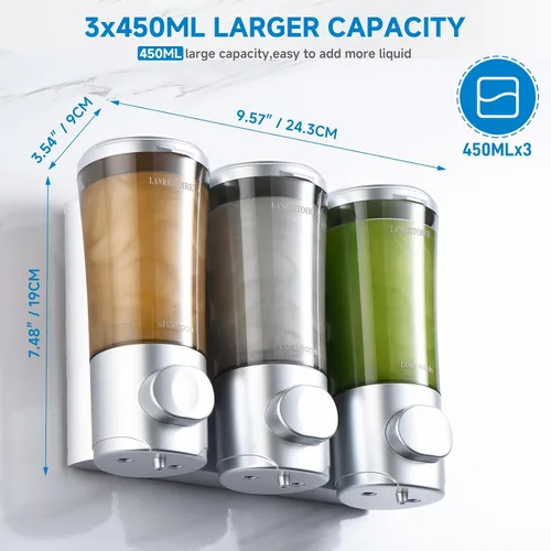 Miniatura 3 de Dispensador de Champú y Acondicionador, Dispensador de Ducha de 3 Cámaras sin Taladro, Dispensador de Champú para Ducha Montado en la Pared